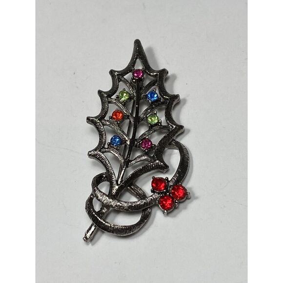 BEATRIX Brooch Pin Leaf Designer Gunmetal Tone Rhinestones Vintage - Picture 2 of 8